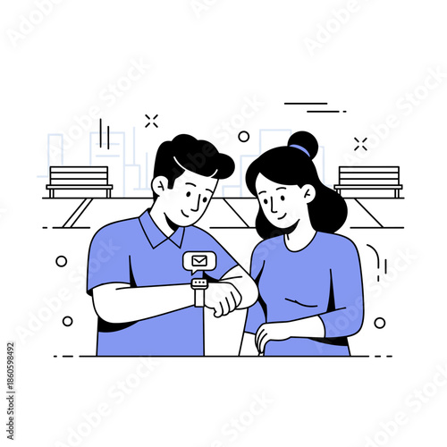 Asian young adults interacting with smartwatch in urban cityscape