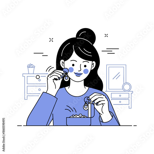 Asian young woman trying on earrings in bedroom