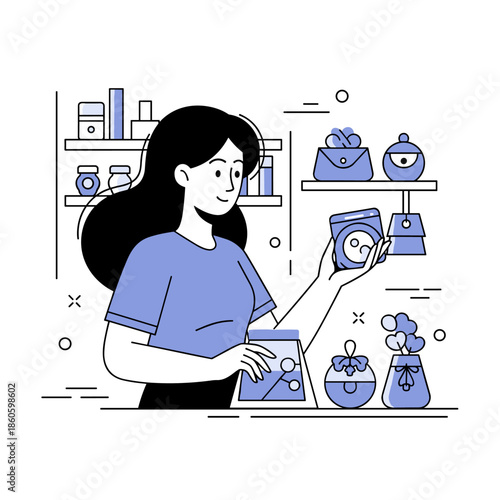 Asian female shopping in blue outfit for kitchen essentials in modern store setting