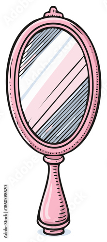 Hand mirror illustration with pink handle and frame. Beauty or vanity concept.