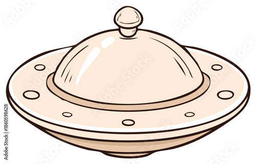 Illustrated flying saucer with a domed top and small circular windows