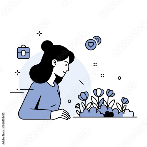 Asian female adult gardening with tulips and nature icons in minimalist style