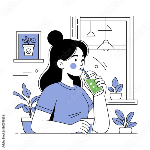 Asian female enjoying a refreshing drink in a café setting with houseplants