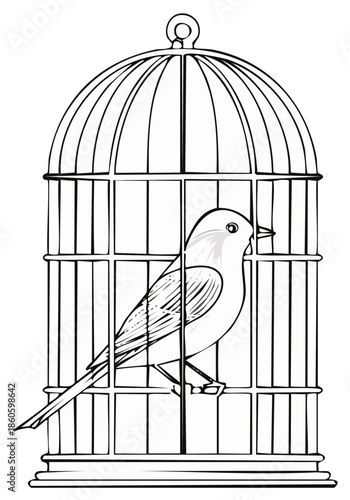 Simple outline drawing of a small bird perched inside a decorative cage with a domed top