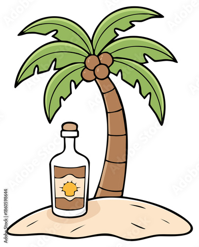 Island scene with palm tree and bottle of liquor cartoon illustration