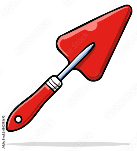 Bright red garden trowel tool with silver metal stem and red handle