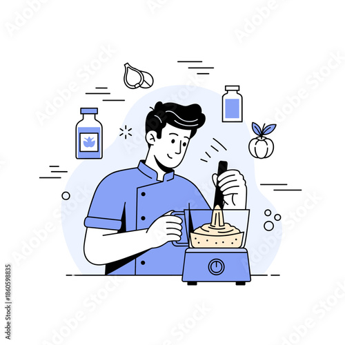 Young caucasian male chef blending ingredients in kitchen with spices and vegetables