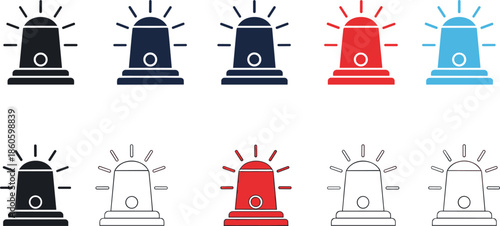 Emergency Siren Alarm Icon Set in Multiple Colors with Police Warning Light Symbols for Alert, Security, Safety and Notification Design