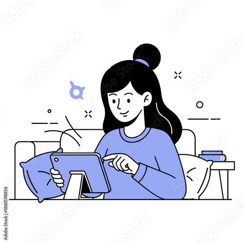 Young asian female artist drawing on tablet in minimalist workspace