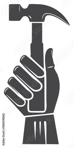 Hand holding a hammer, symbol of construction, repair work, DIY project, and a powerful laboring gesture