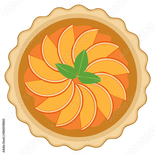 Top down vector illustration of an orange fruit tart with mint garnish