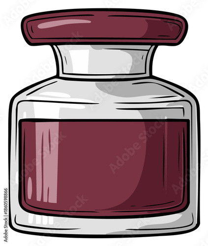 Traditional glass inkwell with dark red ink and stopper classic writing supply illustration