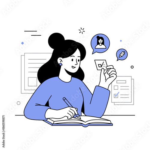 Young woman engaged in learning and communication with technology elements
