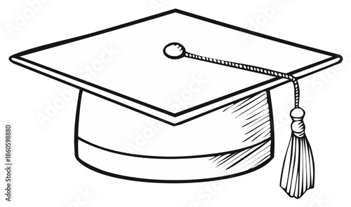 Graduation Cap Illustration with Tassel: Line Art of Academic Mortarboard for Education and University Success