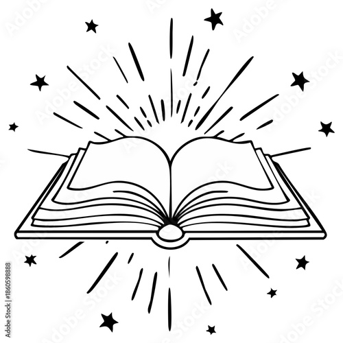 Open Magic Book with Stars and Light Rays Black and White Line Art Illustration