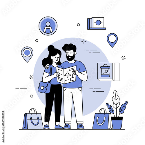 Young caucasian couple traveling: map navigation and adventure planning