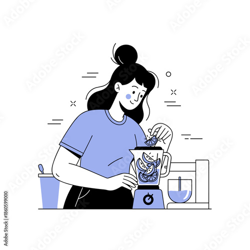 Young caucasian female preparing fruit smoothie with blender
