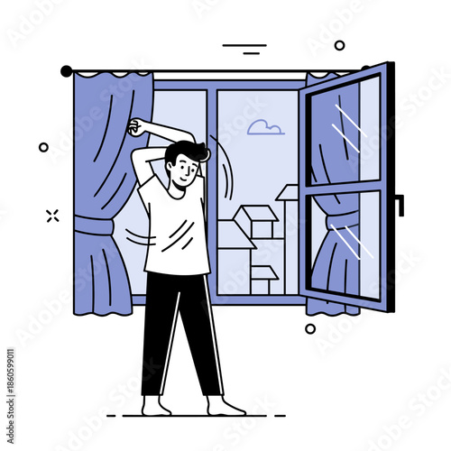 Young caucasian male stretching by open window in modern room