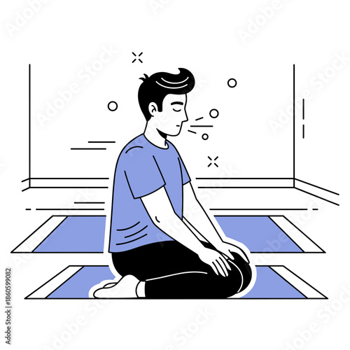 Young caucasian male meditating indoors on yoga mat in minimalist setting