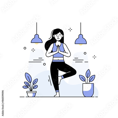 Young caucasian female practicing yoga at home in minimalist setting