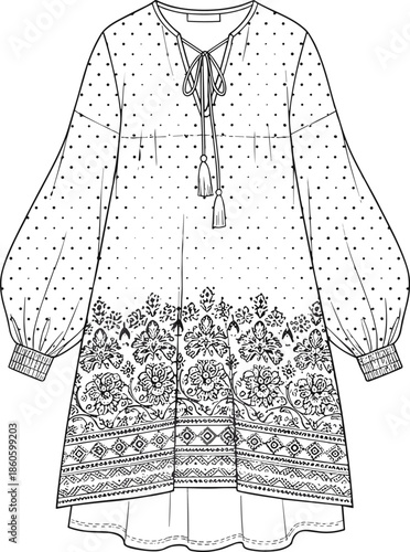 Bohemian tunic dress, fashion flat sketch, floral border print, long sleeve vector illustration design