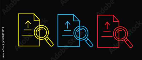Abstract line art icons of document file search with magnifying glass, data analysis and web audit concept