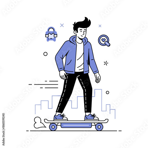 Young caucasian male skater gliding through urban landscape in casual jacket