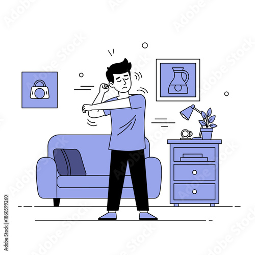 Young caucasian male stretching in living room setting with modern decor