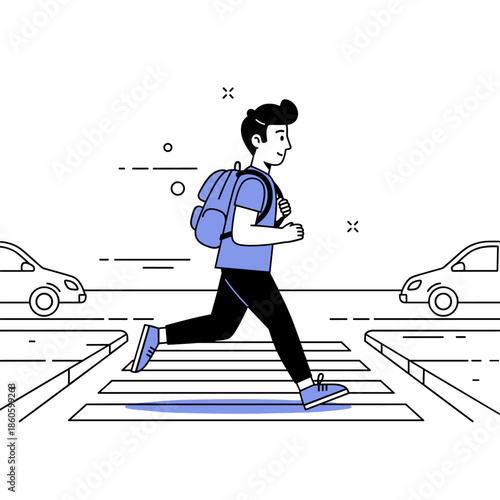 Young caucasian male with backpack running across crosswalk in urban street scene
