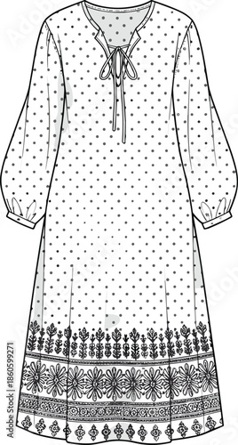 Boho maxi dress, fashion flat sketch, floral border print, long sleeve vector illustration design