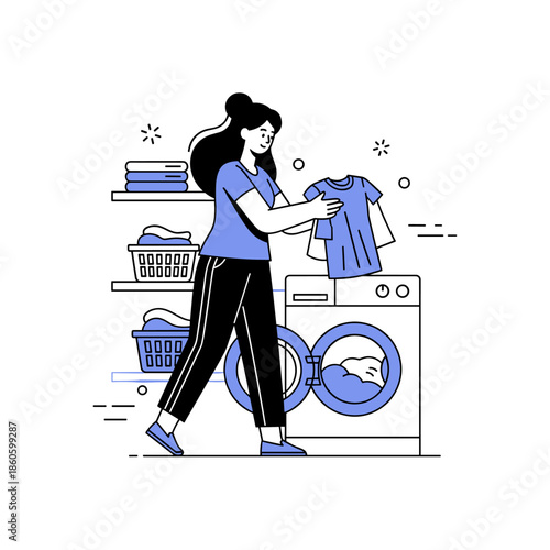 Young caucasian female doing laundry in modern laundry room with washing machine and baskets