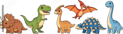 Cute Cartoon Dinosaur Characters Set with Triceratops, Tyrannosaurus, Pterodactyl, Stegosaurus and Long Neck Dino for Kids Illustration