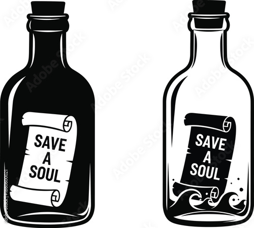 Vintage bottles with labels featuring save a soul message black and white