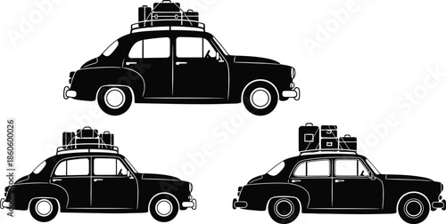 Vintage cars with luggage racks a detailed black and white illustration