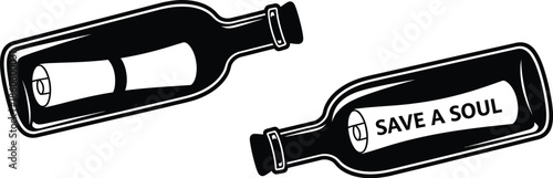 Two black bottles with white labels one displaying a symbol and the other text