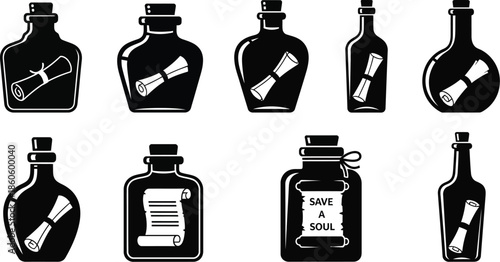 Collection of vintage bottles with rolled messages inside monochrome illustration