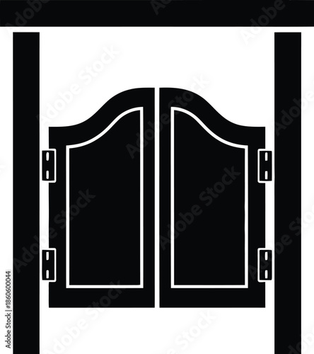 A simple black and white illustration of a double door with hinges