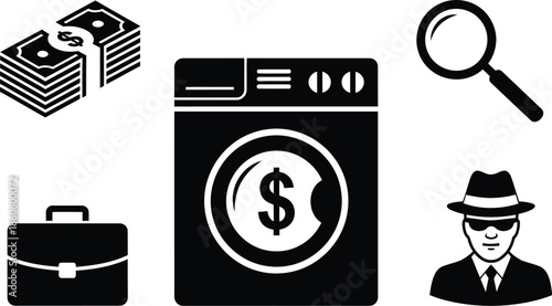 Money laundering concept with cash washing machine and detective imagery
