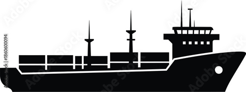 A simple black silhouette of a large cargo ship at sea