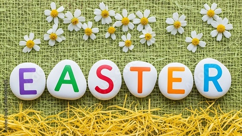 Colorful easter stones with daisies and hay on green burlap background