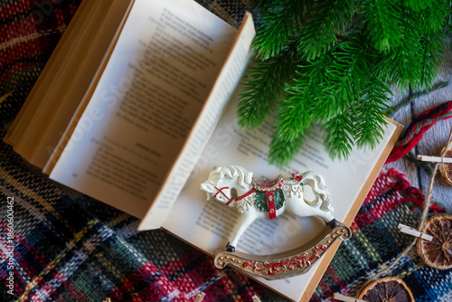 New Year's treats on the table and the symbol of the new 2026: a horse, tea, coffee, gingerbread and zephyr.