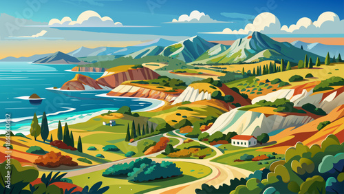 Very beautiful panoramic Mediterranean landscape of the Akamas Peninsula in Cyprus, featuring mountain ranges, rugged coastline, and untouched natural beauty.