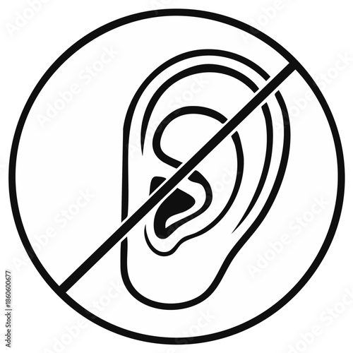 Audio prohibited symbol overlaying a graphic illustration of a human ear within a circle