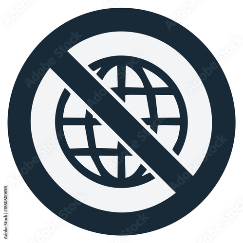 Restricted World Globe Icon, Dark Blue Sign, No Global Access, International Restrictions