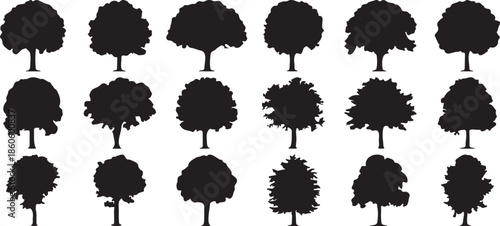 round black tree silhouettes collection, black deciduous tree silhouette set isolated, landscape black tree vector collection on png background