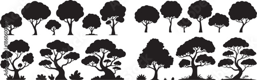 tree silhouettes collection with different tree shapes isolated png, forest tree silhouette vector set, black tree silhouettes vector collection on transparent background