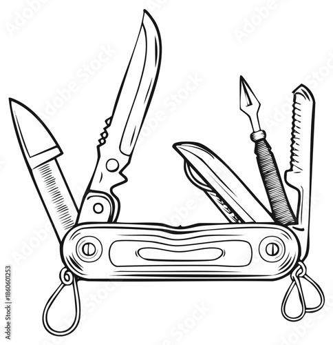 Detailed line art illustration of a multi-tool pocket knife with several blades open.