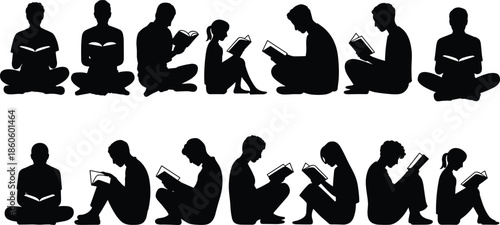 People reading book silhouette collection showing men, women, and children studying, learning, and relaxing with books in black and white vector style