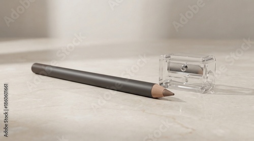 Eyebrow pencil and sharpener on stone surface with soft lighting  