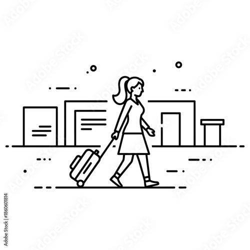 Young caucasian female traveling with luggage in urban setting - minimalist line art